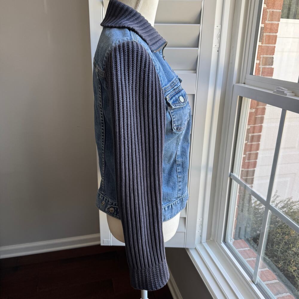 Vintage GAP Jean Jacket Womens M Blue Knit Sweater Sleeves Y2K Bohemian Grunge - Picture 4 of 12
